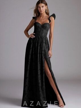 Azazie Denisse Black Floral Jacquard Sweetheart Gown with High Slit Size 0